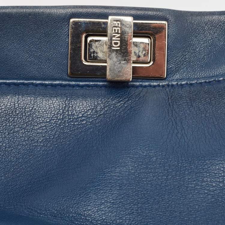 Pre Owned Fendi Navy Blue Leather Mini Peekaboo Top Handle Bag