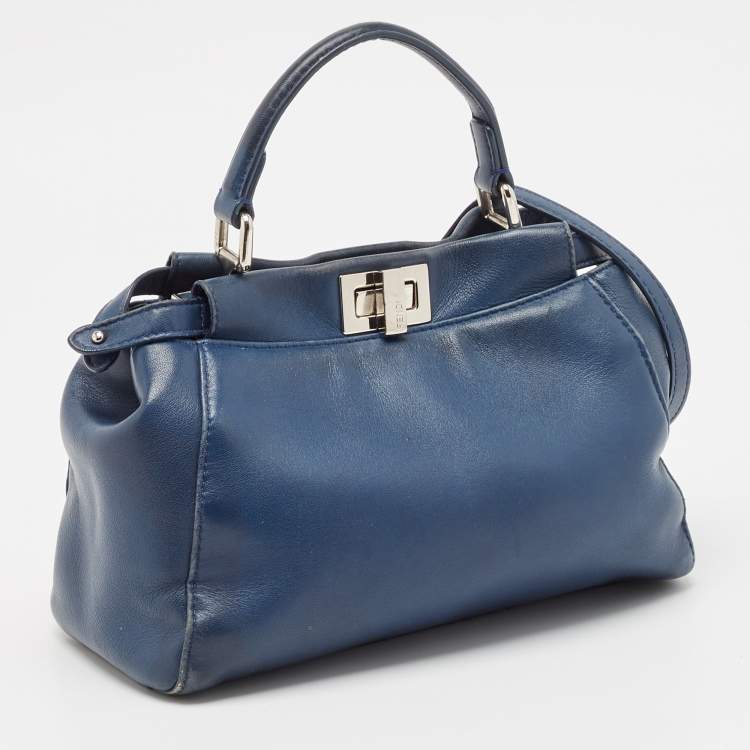 Pre Owned Fendi Navy Blue Leather Mini Peekaboo Top Handle Bag