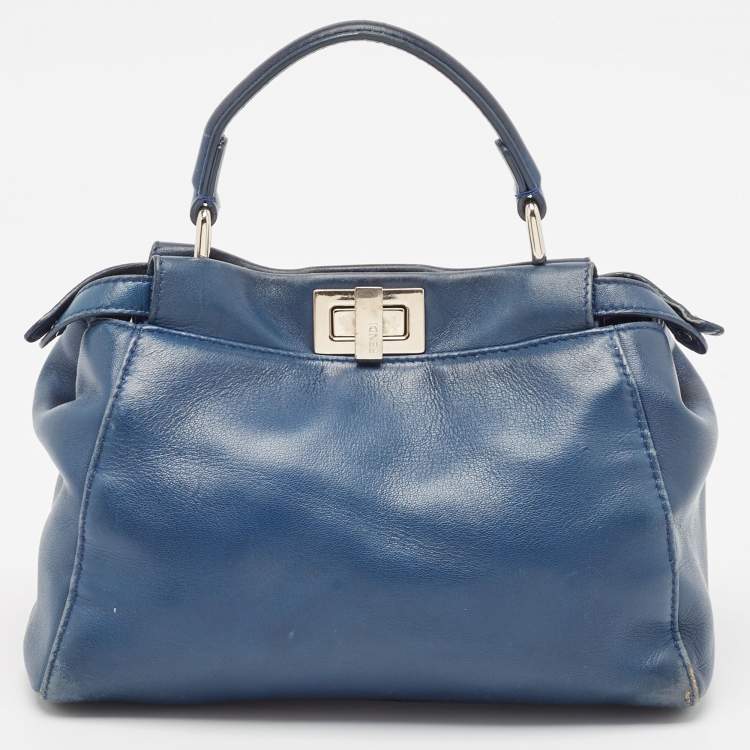 Pre Owned Fendi Navy Blue Leather Mini Peekaboo Top Handle Bag