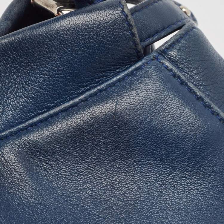 Pre Owned Fendi Navy Blue Leather Mini Peekaboo Top Handle Bag