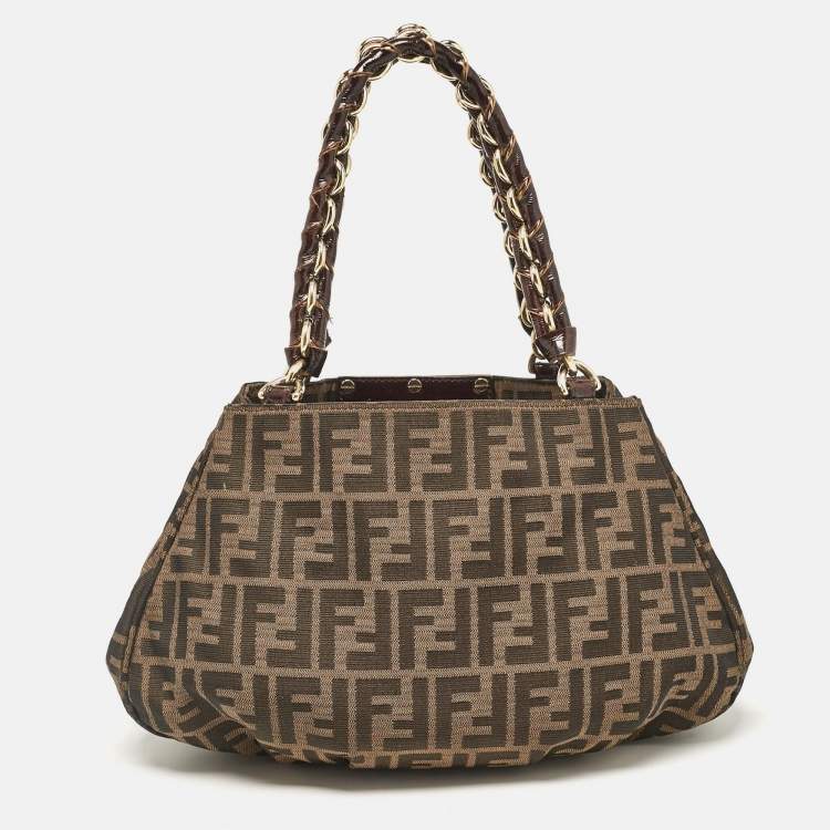 Pre Owned Fendi Tobacco Zucca Canvas and Patent Leather Small Mia Shoulder Bag