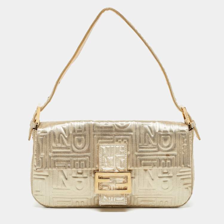 Pre Owned Fendi Gold Logo Embossed Fabric Baguette Flap Bag