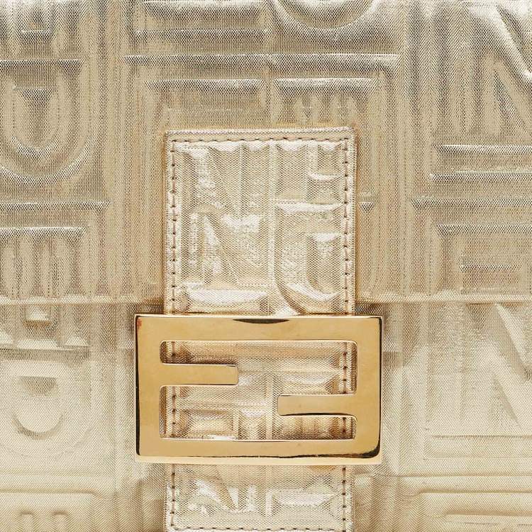 Pre Owned Fendi Gold Logo Embossed Fabric Baguette Flap Bag