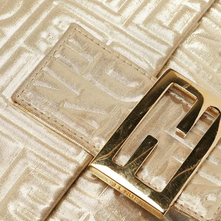 Pre Owned Fendi Gold Logo Embossed Fabric Baguette Flap Bag