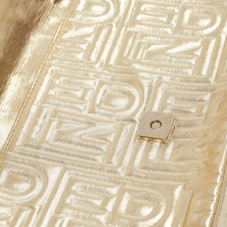 Pre Owned Fendi Gold Logo Embossed Fabric Baguette Flap Bag