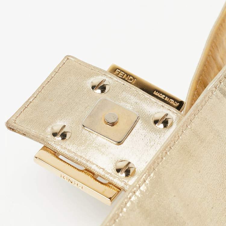Pre Owned Fendi Gold Logo Embossed Fabric Baguette Flap Bag