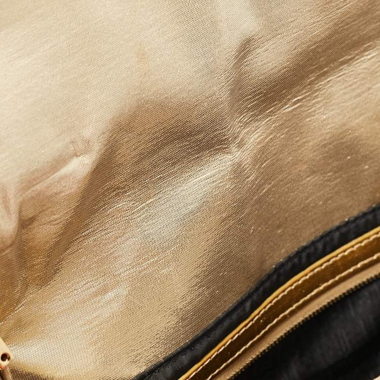 Pre Owned Fendi Gold Logo Embossed Fabric Baguette Flap Bag