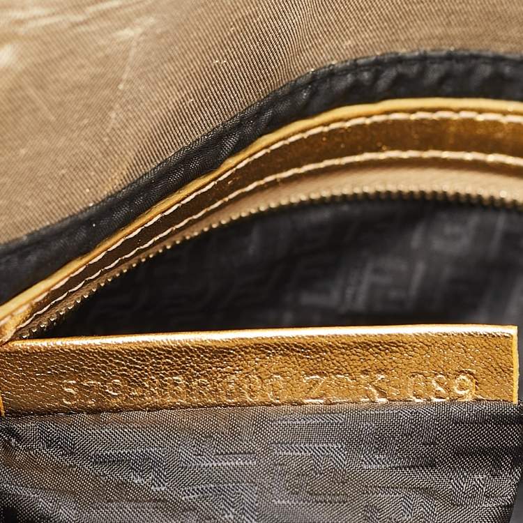 Pre Owned Fendi Gold Logo Embossed Fabric Baguette Flap Bag