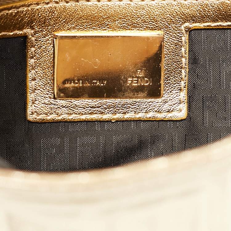 Pre Owned Fendi Gold Logo Embossed Fabric Baguette Flap Bag