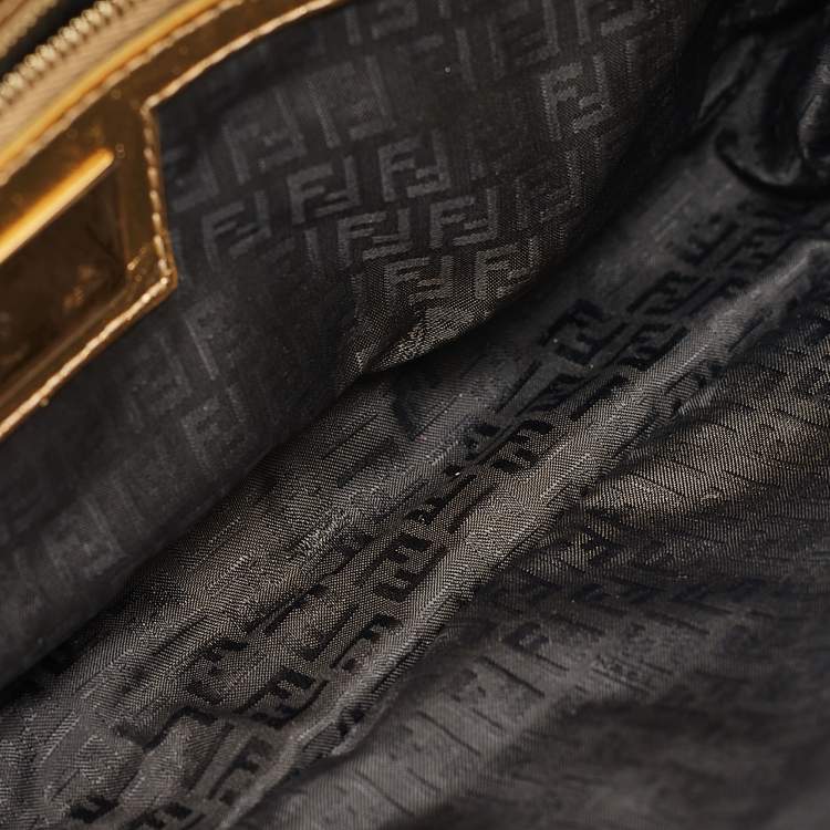 Pre Owned Fendi Gold Logo Embossed Fabric Baguette Flap Bag