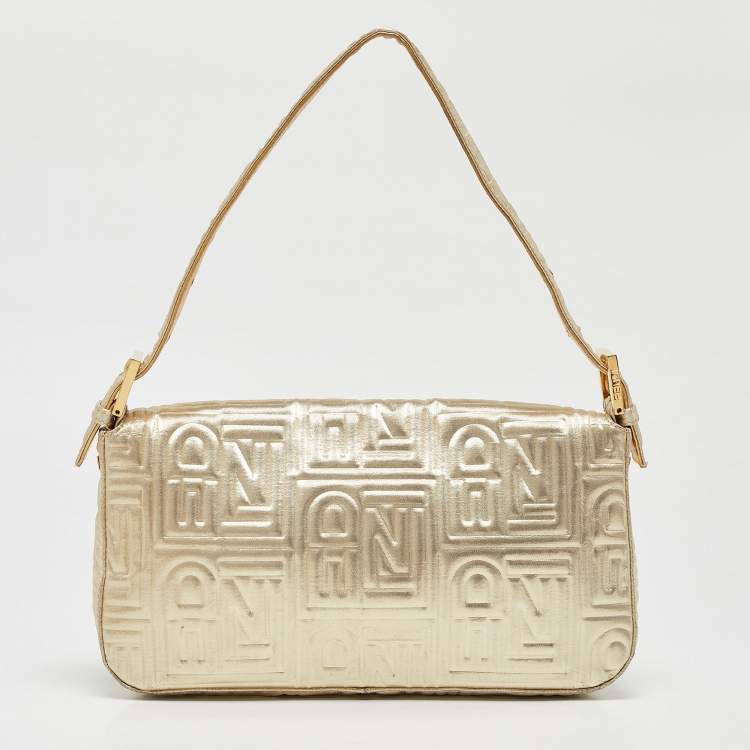 Pre Owned Fendi Gold Logo Embossed Fabric Baguette Flap Bag