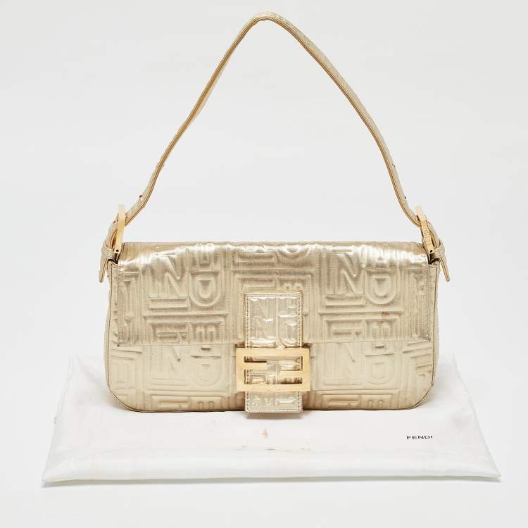 Pre Owned Fendi Gold Logo Embossed Fabric Baguette Flap Bag