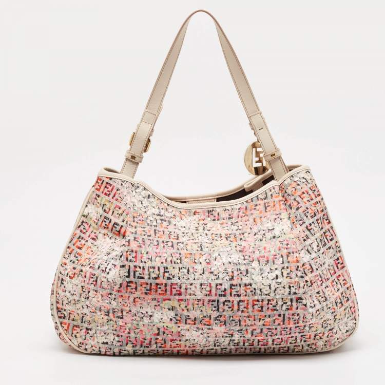 Pre Owned Fendi Multicolor Zucchino Fabric and Leather Charm Shoulder Bag