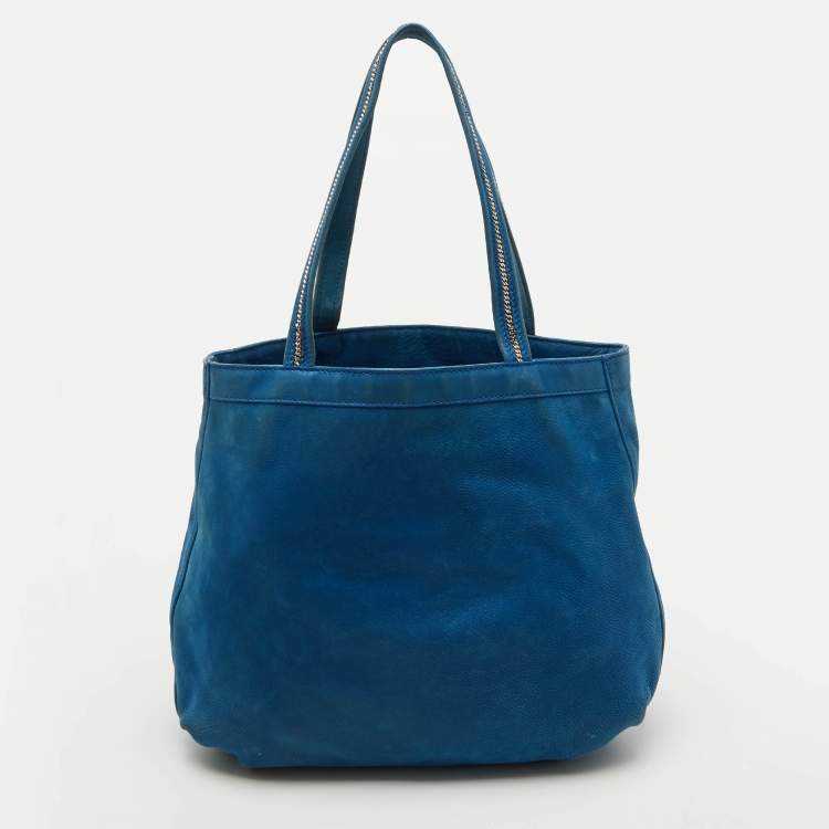 Pre Owned Fendi Metallic Blue Nubuck Leather FF Tote