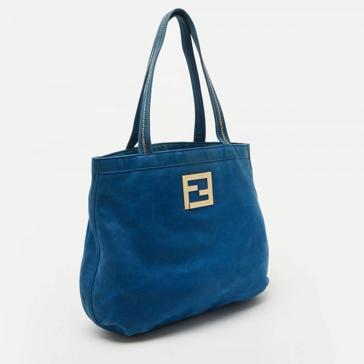 Pre Owned Fendi Metallic Blue Nubuck Leather FF Tote