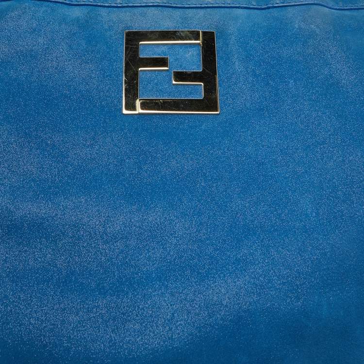 Pre Owned Fendi Metallic Blue Nubuck Leather FF Tote