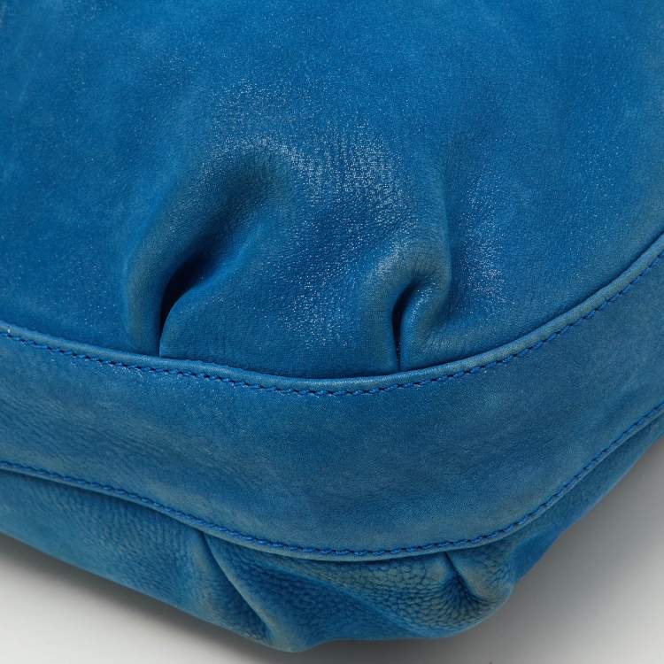 Pre Owned Fendi Metallic Blue Nubuck Leather FF Tote