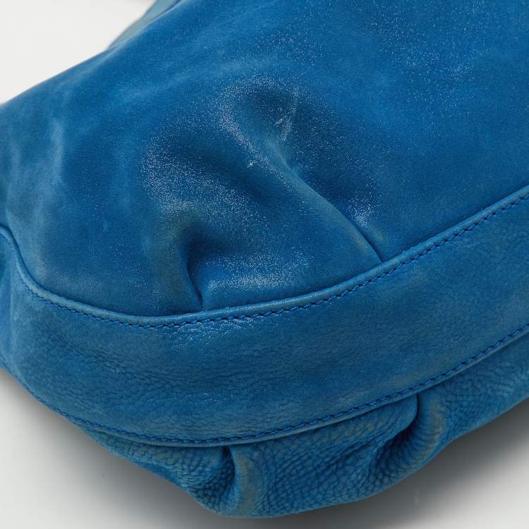 Pre Owned Fendi Metallic Blue Nubuck Leather FF Tote