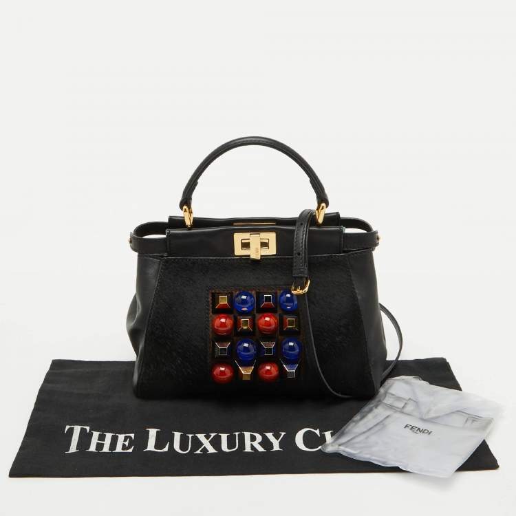 Pre Owned Fendi Black Leather and Calf Hair Studs Mini Peekaboo Top Handle Bag