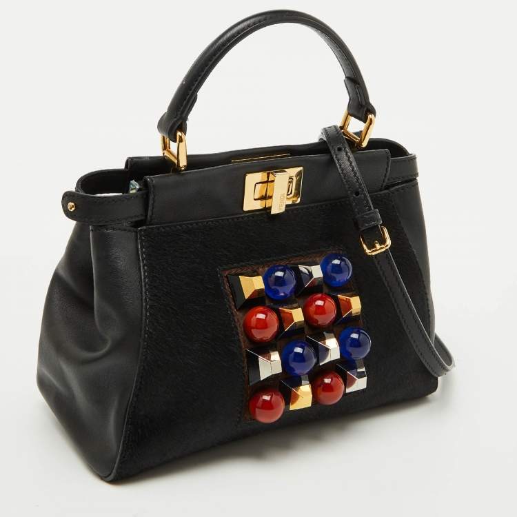 Pre Owned Fendi Black Leather and Calf Hair Studs Mini Peekaboo Top Handle Bag