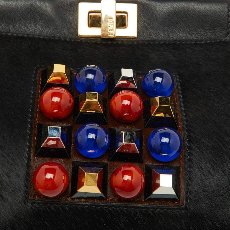 Pre Owned Fendi Black Leather and Calf Hair Studs Mini Peekaboo Top Handle Bag