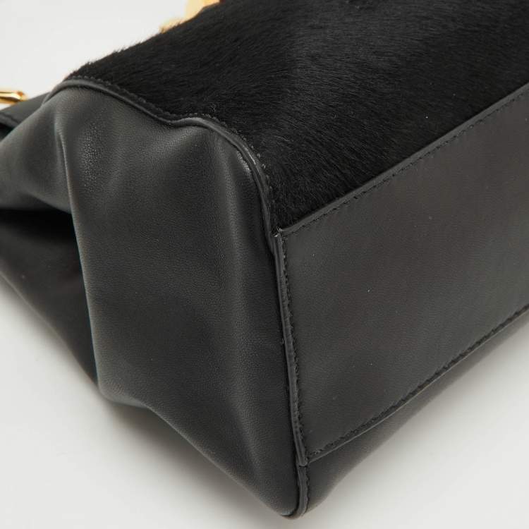 Pre Owned Fendi Black Leather and Calf Hair Studs Mini Peekaboo Top Handle Bag
