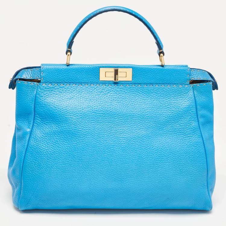 Pre Owned Fendi Blue Leather Large Peekaboo Top Handle Bag