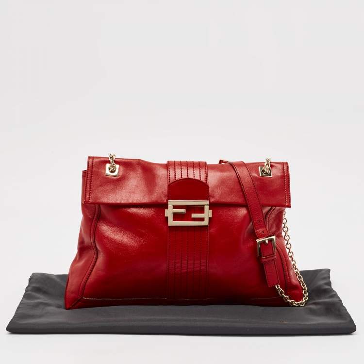 Pre Owned Fendi Red Leather Maxi Baguette Flap Shoulder Bag