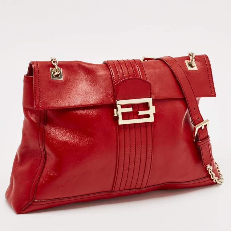 Pre Owned Fendi Red Leather Maxi Baguette Flap Shoulder Bag