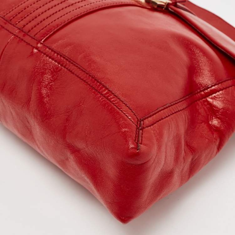 Pre Owned Fendi Red Leather Maxi Baguette Flap Shoulder Bag