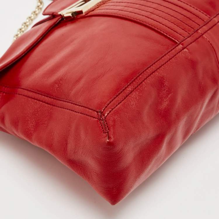 Pre Owned Fendi Red Leather Maxi Baguette Flap Shoulder Bag
