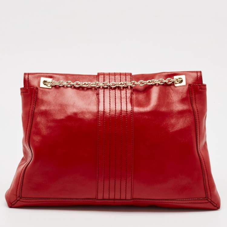 Pre Owned Fendi Red Leather Maxi Baguette Flap Shoulder Bag