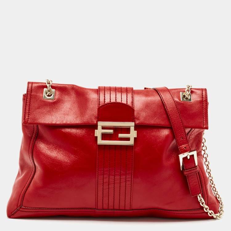 Pre Owned Fendi Red Leather Maxi Baguette Flap Shoulder Bag