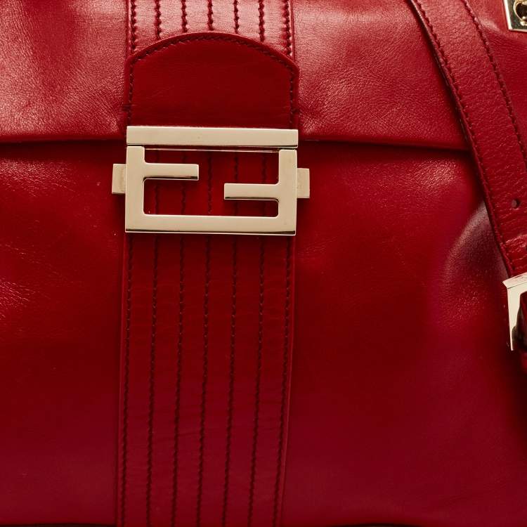 Pre Owned Fendi Red Leather Maxi Baguette Flap Shoulder Bag