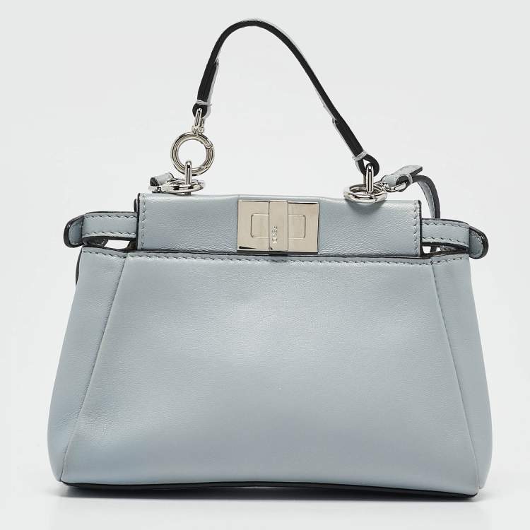 Pre Owned Fendi Light Blue/Silver Leather Micro Crystal Flowerland Peekaboo Top Handle Bag