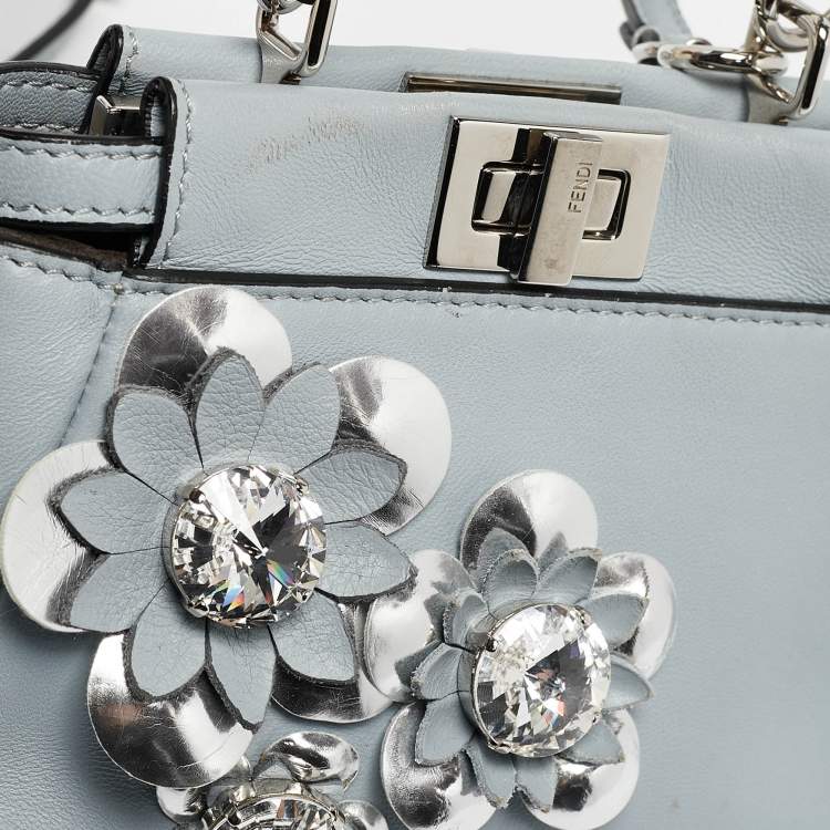 Pre Owned Fendi Light Blue/Silver Leather Micro Crystal Flowerland Peekaboo Top Handle Bag