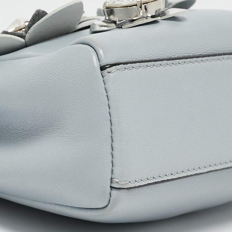 Pre Owned Fendi Light Blue/Silver Leather Micro Crystal Flowerland Peekaboo Top Handle Bag