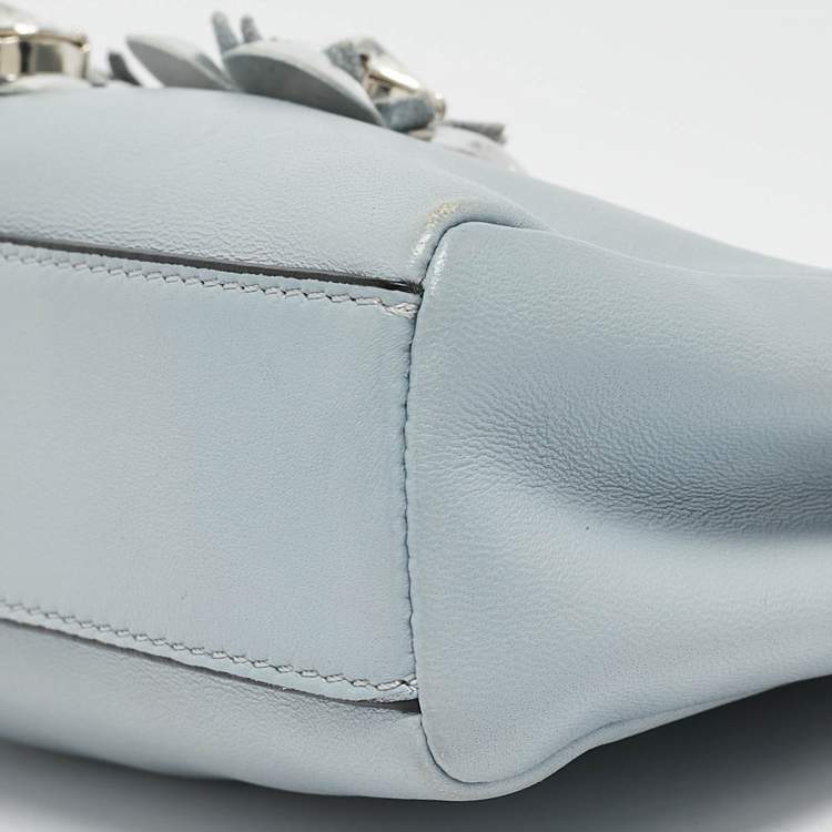 Pre Owned Fendi Light Blue/Silver Leather Micro Crystal Flowerland Peekaboo Top Handle Bag