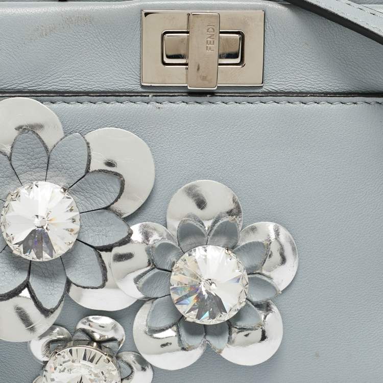 Pre Owned Fendi Light Blue/Silver Leather Micro Crystal Flowerland Peekaboo Top Handle Bag
