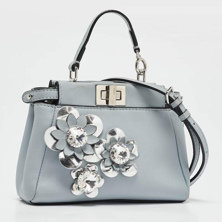 Pre Owned Fendi Light Blue/Silver Leather Micro Crystal Flowerland Peekaboo Top Handle Bag