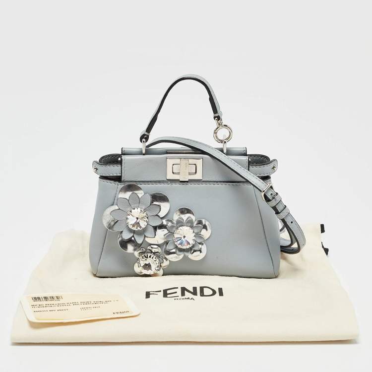 Pre Owned Fendi Light Blue/Silver Leather Micro Crystal Flowerland Peekaboo Top Handle Bag