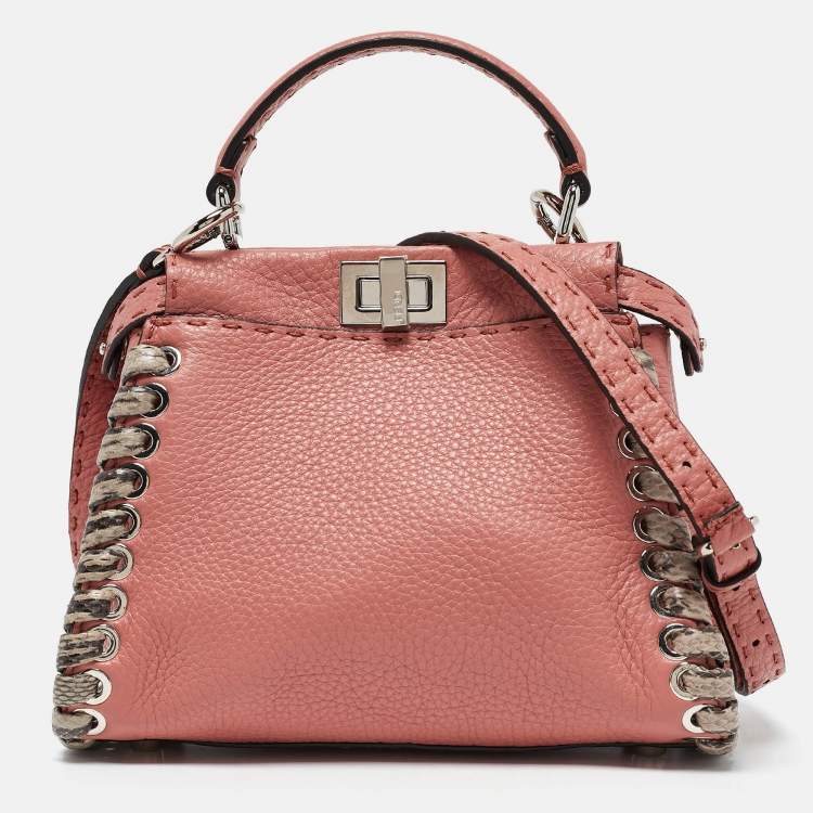 Pre Owned Fendi Old Rose Leather and Snakeskin Leather Mini Whipstitch Peekaboo Top Handle Bag