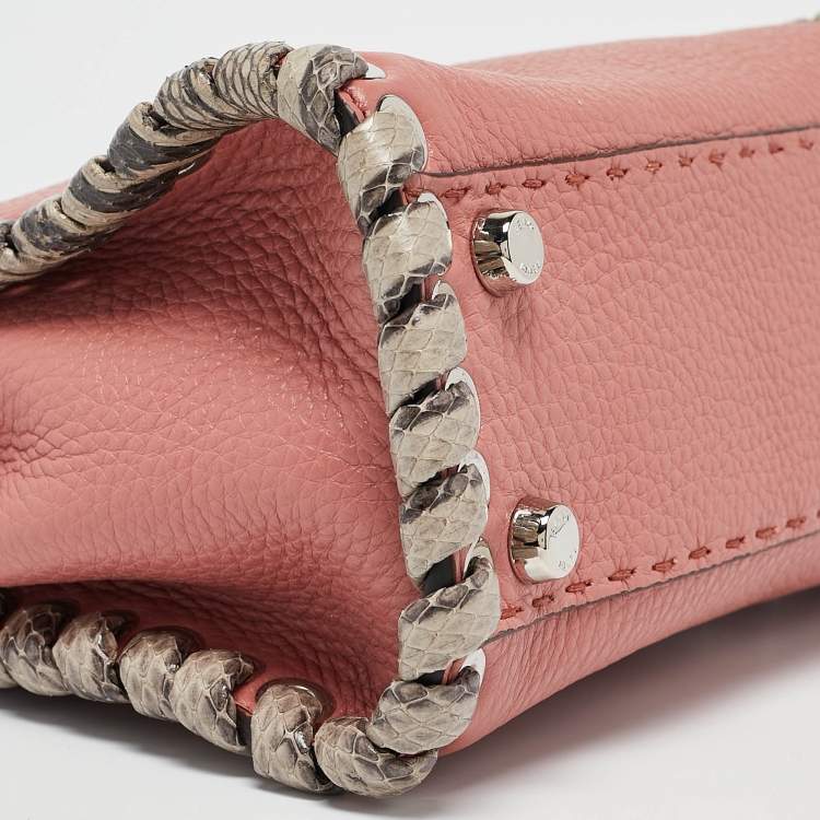 Pre Owned Fendi Old Rose Leather and Snakeskin Leather Mini Whipstitch Peekaboo Top Handle Bag