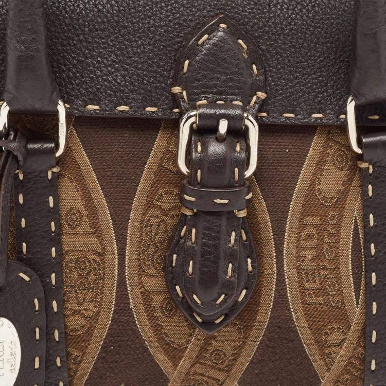Pre Owned Fendi Brown/Beige Logo Fabric and Selleria Leather Linda Satchel