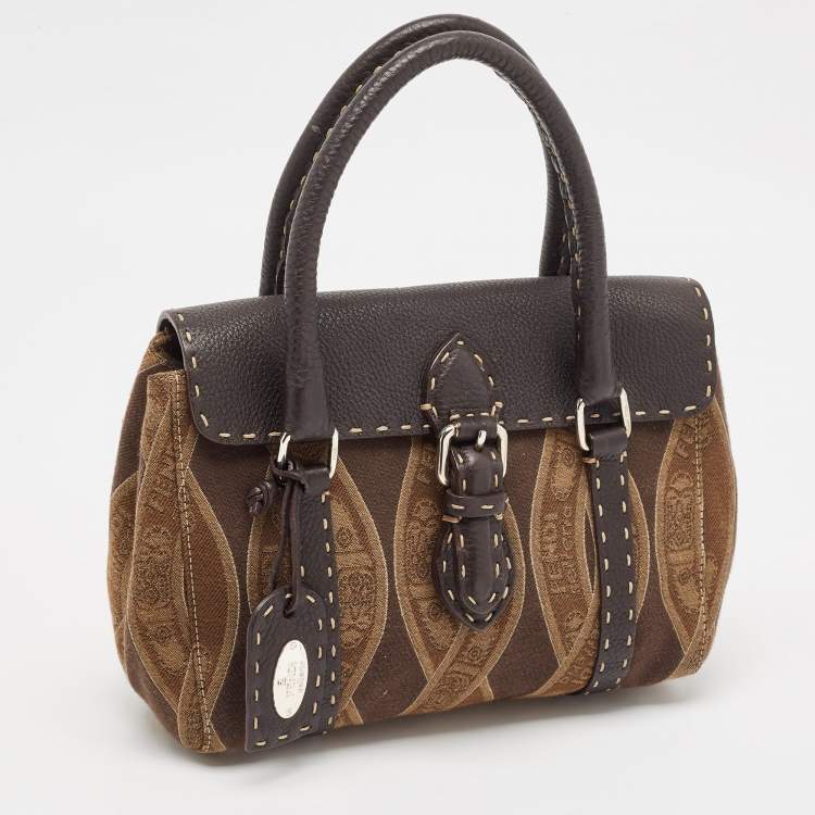 Pre Owned Fendi Brown/Beige Logo Fabric and Selleria Leather Linda Satchel