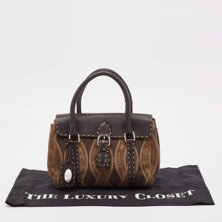 Pre Owned Fendi Brown/Beige Logo Fabric and Selleria Leather Linda Satchel