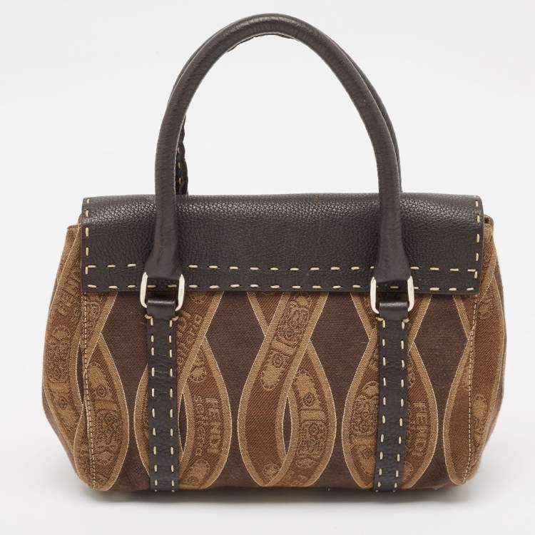 Pre Owned Fendi Brown/Beige Logo Fabric and Selleria Leather Linda Satchel