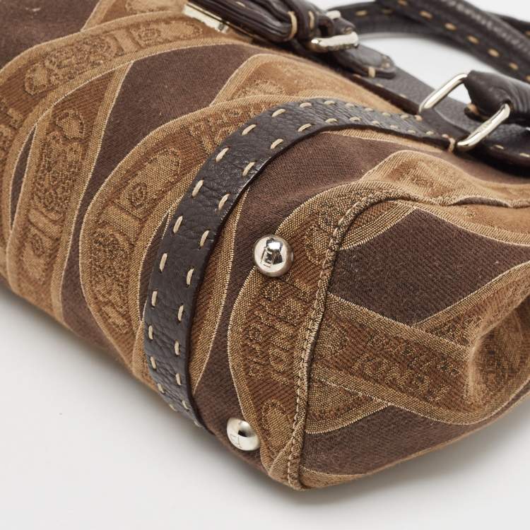 Pre Owned Fendi Brown/Beige Logo Fabric and Selleria Leather Linda Satchel