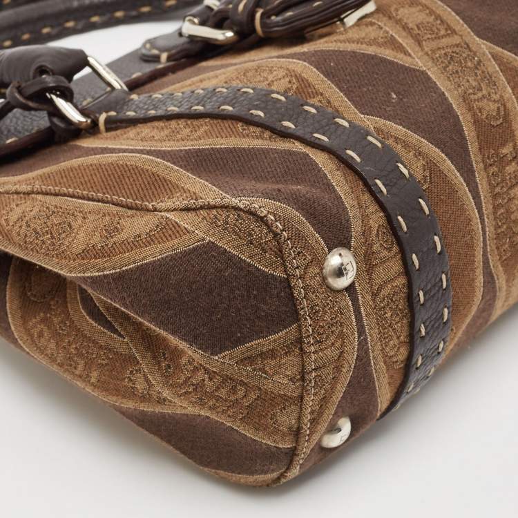 Pre Owned Fendi Brown/Beige Logo Fabric and Selleria Leather Linda Satchel