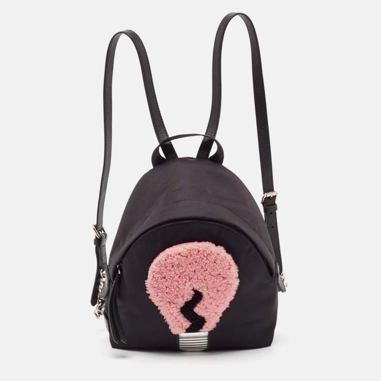 Pre Owned Fendi Black Nylon and Shearling Mini Dolce Lightbulb Backpack